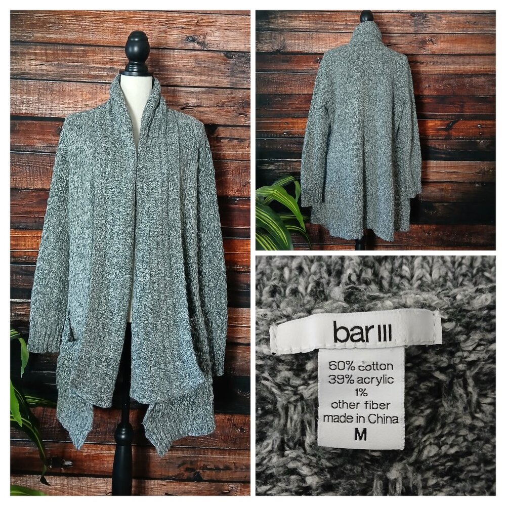 Bar III Cardigan Sweater M Oversized Gray Thick Warm Shawl Collar Pockets Open